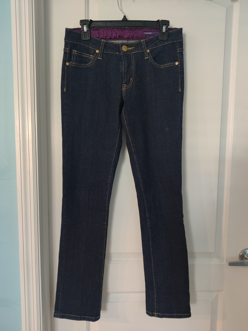 Vigoss Indigo Straight-Leg Jeans with Purple Waistband- Size 3/4